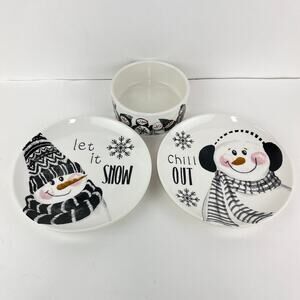 Fitz and Floyd Snow Days Snack Set Snowman Bowl and Plates